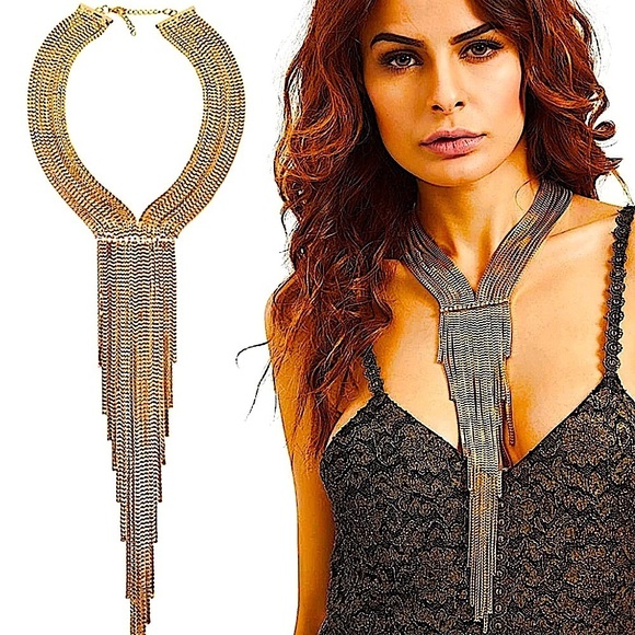 Gold Chain Tassel Rhinestone Accent Fringe Statement Collier Necklace - Picture 1 of 7